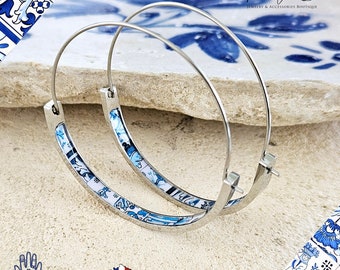 Blauwe gemengde HOEPEL Delftse tegeloorbel Portugal lichtgewicht staal Azulejo gouden hoepel historische sieraden minimale oorbel cadeau vrouwen Portugese moeder