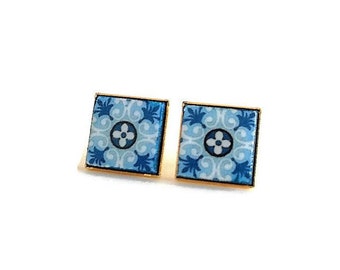 Portuguese tile blue stud earrings Small square azulejo earrings Majolica Antique tile studs Classic Vintage tile studs Retro Tile studs