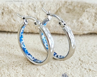 Antique BLUE HOOP Tile Earring Blue Flower Silver STEEL Azulejo Silver Hoops Historical Jewelry Anniversary Women Handmade Fashion Gift