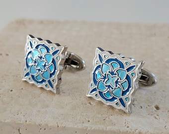 Portugal Blue Azulejo Cufflinks Tiles Geometric Dad Cufflinks Stainless Steel Blue Wedding Gift Groom Silver Corporate Gift Tile Cufflinks
