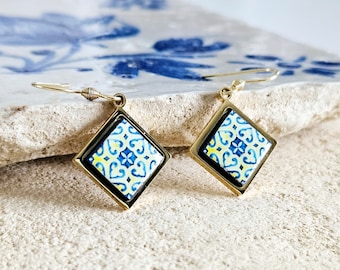 Diamond Shape GOLD Tile Earring Steel Dangle Earring Majolica Yellow Blue Tile Earring Handmade Jewelry Gift Mother Day Portugal Travel Gift