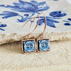 Portugal Tile Rose Gold Long Earring Square Drop Tile Earring Gold STEEL Antique Azulejo Jewelry Mother Gift for Her Wedding Earring Gift