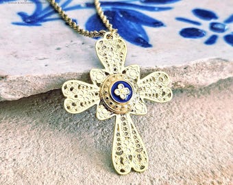 GOLD Filigree CROSS Necklace Portuguese Stainless Steel Caramujo Pendant Portugal Jewelry Gold Christian Blue Pendant Wife Necklace Gift