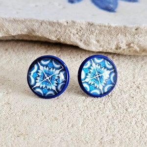 Antique Blue Tile Stud Earring Portuguese Jewelry Blue White Small Earring Historical Azulejo Travel Vacation Jewelry Gift Anniversary Gift