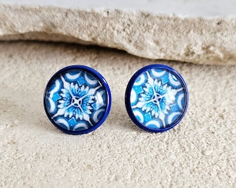 Antique Blue Tile Stud Earring Portuguese Jewelry Blue White Small Earring Historical Azulejo Travel Vacation Jewelry Gift Anniversary Gift