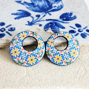 Portugal Antique Tile Hoop Earring Portuguese Traditional 18th Century Tile Statement Hoop Majolica Blue Gold Hoop Travel Gift Hoop Tile
