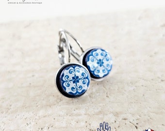 Portugal Blue Azulejo Earring Silver STEEL Portuguese Tile Drop Earring Geometric Earring Majolica Blue Gold Tile Antique Azulejo Earring