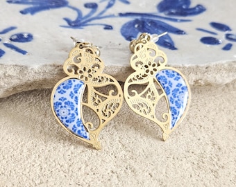 GOLD Filigree Viana Heart Earring Steel Dangle Blue Azulejo Heart Stud Earring Enamel Tile Pattern Lightweight Handmade Jewelry Woman Gift