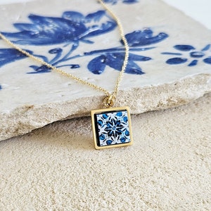 GOLD Porto Tile Charm Necklace Portuguese Blue White Tile Azulejo Gold Pendant Steel Square Necklace Tile Portugal Gift Handmade Souvenir image 8