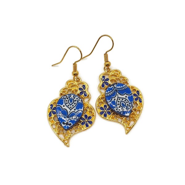 Boucles d’oreilles coeur en or portugais Goutte d’émail bleu Coeurs 24k golf rempli Portugal carrelage bijoux bijoux de mariage fleur émail filigrane