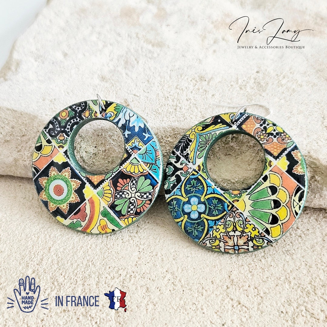 Mexican Mixed Tile Hoop Earring Talavera Spanish Tile Mismatched Hoop ...