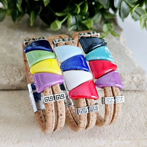 CORK Ceramic Colorful Triangle Beads Bracelet Multi Strand Ceramic Bead Hypoallergic Jewelry Cork Vegan Bracelet Handmade Eco Friendly Gift