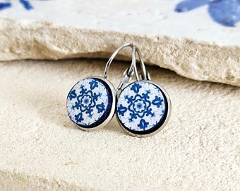Portugal Blue Round Azulejo Earring Silver STEEL Portuguese Tile Drop Earring Geometric Earring Majolica Blue Tile Antique Azulejo Earring