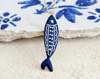 Dark Blue Sardine Necklace Fish Blue White Tile Enamel Pendant Gold Sea Animal Long Fish Sardine Jewelry Gift Portugal Souvenir Gift