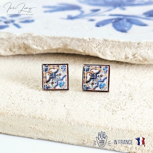 Portugal Antique Tile Stud Earring Portuguese Azulejo Vintage Blue Pattern Tile Post Earring Mother Gift Mediterranean Travel Vacation Gift