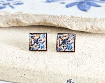 Portugal Antique Tile Stud Earring Portuguese Azulejo Vintage Blue Pattern Tile Post Earring Mother Gift Mediterranean Travel Vacation Gift