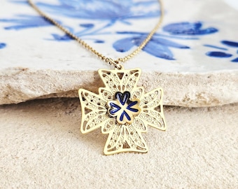 GOLD Filigree Maltese CROSS Necklace Portuguese Stainless Steel Pendant Portugal Jewelry Gold Christian Blue Enamel Pendant Knights Cross