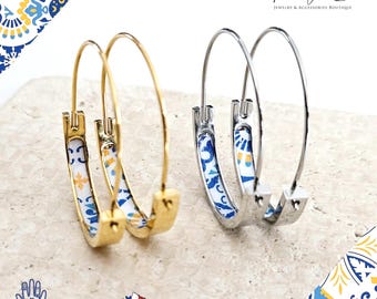 Portugal Tile 1.2'' GOLD HOOP Earring Lightweight STEEL Azulejo Silver Flat Hoops Historical Jewelry Christmas Gift Travel Handmade Gift