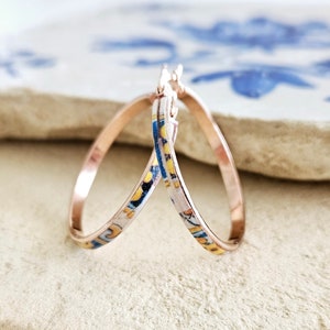 Rose Gold HOOP Tile Earring Portugal STAINLESS STEEL Azulejo Delicate Flat Hoop Historical Jewelry Portugal Gift Travel Inspired Tile Hoops