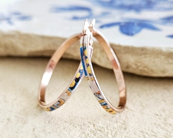 Rose Gold HOOP Tile Earring Portugal STAINLESS STEEL Azulejo Delicate Flat Hoop Historical Jewelry Portugal Gift Travel Inspired Tile Hoops