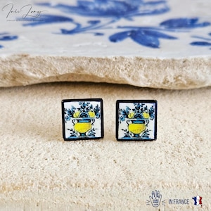 Flower Antique Portugal  Tile Silver Stud Earring Small Square Tile Post Portuguese Azulejo Geometric Yellow Earring Gift Handmade Jewelry