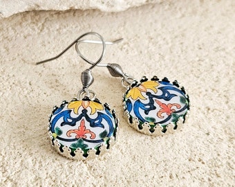 Coimbra Tile Round Earring Crown Steel Dangle Earring Majolica Tile Earring Handmade Jewelry Gift Boho Earring Mom Gift Travel Memorial Gift