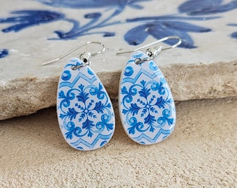 Portugal Blue Tiles Teardrop Earrings Portuguese Azulejo Earrings Delft Blue Earrings Majolica Antique Tiles Mother Pearl Teardrop Earrings