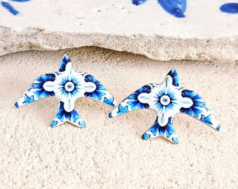 Swallow Portugal Tile Pattern Stud Earrings Blue White Tile Enamel STEEL Gold Jewelry Gift Flower Spring Portuguese Large Tile Bird Earrings