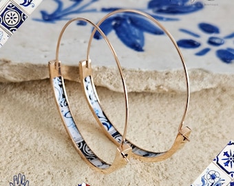 Blauwe gemengde tegel ROSE GOLD HOEPELoorbel Portugal lichtgewicht stalen Azulejo hoepel historische sieraden minimale oorbel cadeau vrouwen Portugese moeder