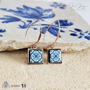 Lisbon Tile Rose Gold Long Earring Square Drop Tile Earring Gold STEEL Antique Portugal Azulejo Jewelry Mother Gift Wedding Earring Gift