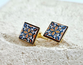 Portugal Classical Tile Cufflinks Majolica Tile Men Cufflinks Blue Orange Tile Groom Cufflinks Gift Wedding Square Cufflinks Groom Father