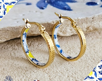 Retro Tile GOLD HOOP Earring Portuguese Tile Jewelry Azulejo Steel Hoop Small Hoop Gold Antique Tile Handmade Earring Women Anniversary Gift