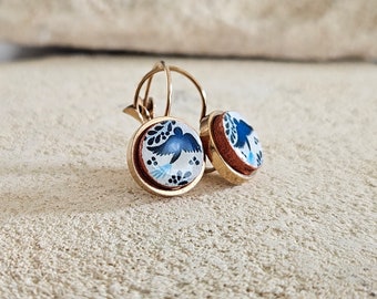 Mexican Blue Dove Tile Earrings Talavera Rose Gold STEEL Blue Drop Earrings Lightweight Rose Gold Hoops Soulmate Gift Spanish Tile Jewelry