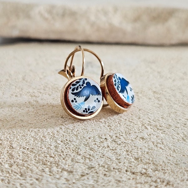 Mexican Blue Dove Tile Earrings Talavera Rose Gold STEEL Blue Drop Earrings Lightweight Rose Gold Hoops Soulmate Gift Spanish Tile Jewelry