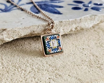 Initial Tile STEEL Necklace Silver Gold Rose Gold Mom Gift Custom Letter Charm Personalized Bridesmaid Pendant Portugal Small Azulejo Tile