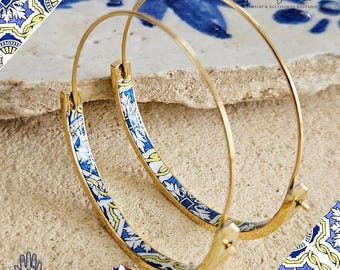 Blauw gele Portugal tegel gouden hoorn oorbel lichtgewicht stalen azulejo hoepel historische sieraden platte hoepel cadeau vrouwen Portugese moeder