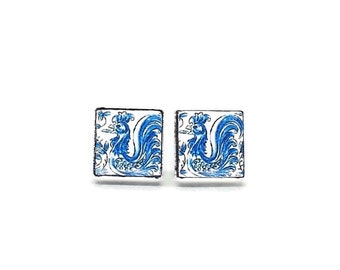 Portuguese rooster tile stud earrings Portugal jewelry azulejos square blue rooster travel gift Portuguese heritage, Summer earrings