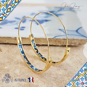Magentablauwe GOUDEN HORLOGE tegeloorbel Portugal lichtgewicht STAAL Azulejo Lisboa goudgele hoepel historische sieraden Portugese tegeloorbellen