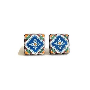 Mexican tiles stud earrings Talavera Spanish Tile studs colorful square earrings Bronze lace Studs Small Blue Tile Studs Mexico Studs