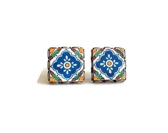 Mexican tiles stud earrings Talavera Spanish Tile studs colorful square earrings Bronze lace Studs Small Blue Tile Studs Mexico Studs