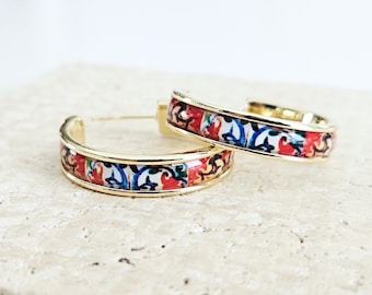 GOLD Colorful Tile Earring Portugal STEEL Orange Red Azulejo Delicate Flat Large Hoop Historical Gift Travel Jewelry Women Gift 2.8cm|1.10''