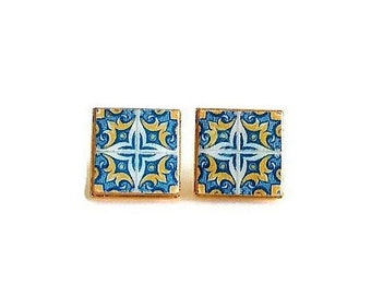 Portugal Antique Stud Earrings Portuguese Classical Tiles Studs Retro Tile Square Studs Geometric Yellow Tile Stud Earrings Summer studs