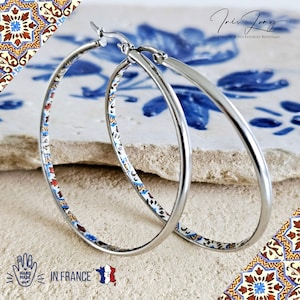 Bruinblauwe platte HORLOGE tegeloorbel Portugal zilver staal azulejo delicate grote hoepel historische sieraden reiscadeau Portugese witte tegel