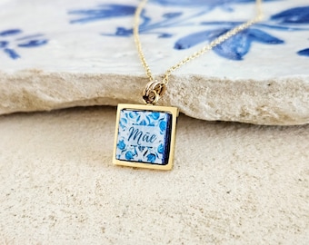 Custom Mãe Charm Tile Necklace Silver Gold Rose Gold Mom Necklace Portuguese Mom Gift Portugal Blue White Tile Azulejo Personalized Pendant