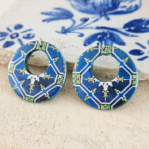 Hoop Earring Portuguese Majolica Portugal Blue Green Tile Hoop Tile Large Statement Jewelry Travel Gift Azure Hoop Women Vibrant Blue Tile