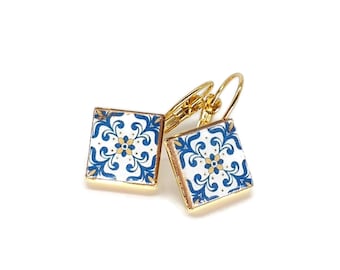 Portugal Azulejo Ohrringe Portugisische Fliesen Tropfen Ohrringe Platz Geometrische Ohrringe Majolika Blau Gold Fliesen Antike Azulejo Ohrringe Silber
