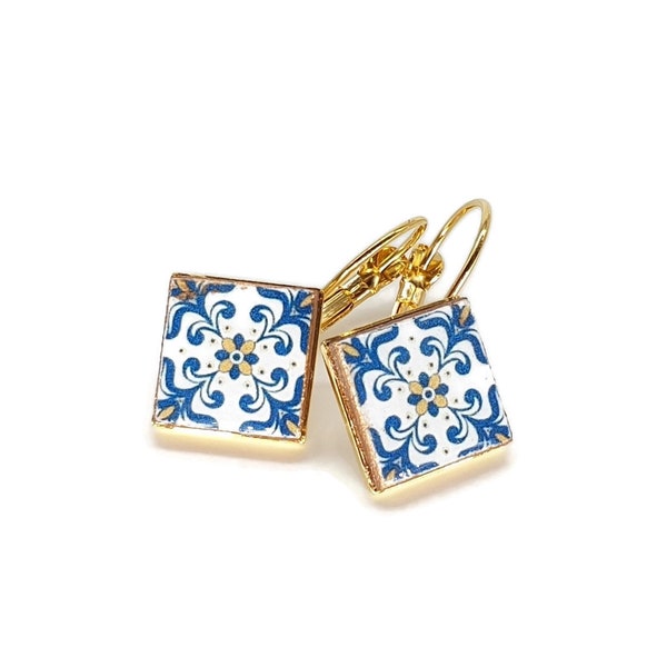 Portugal Azulejo Earrings Portuguese Tiles Drop Earrings Square Geometric Earrings Majolica Blue Gold Tiles Antique Azulejo Earrings Silver