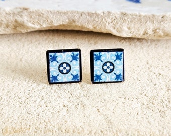 Portuguese Tile Stud Earring Gold & Blue Post Earring Azulejo Jewelry Handmade Classic Tile Travel Gift Mom Wife Gift Azores Heritage Gift