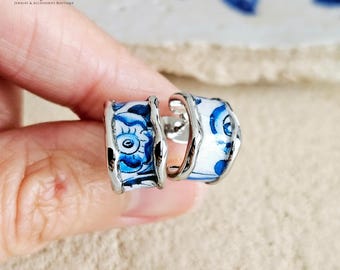 Portugal Tile Small HOOP Earring Flat Silver Hoop Stainless STEEL Hoop Earring Antique Blue Tile Portuguese Porto Travel Birthday Gift