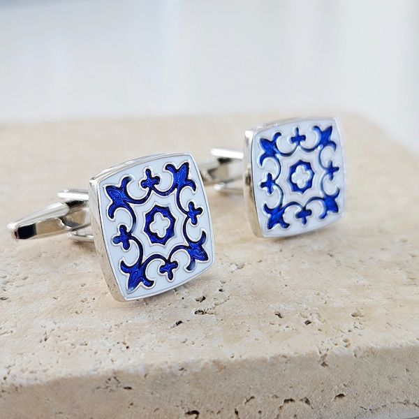 Portugal Tile Blue Enamel Cufflinks Azulejo Majolica Blue White Steel Luxury Cufflink Set Portuguese Groom Wedding Corporate Suit Cufflinks